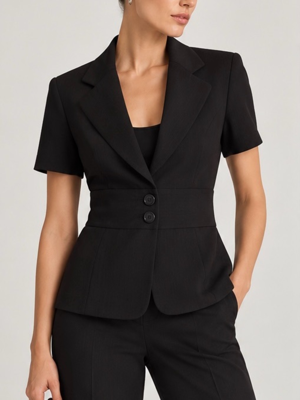 White House Black Market Black Short Sleeve Blazer Fitted Tailored Waist Stretch